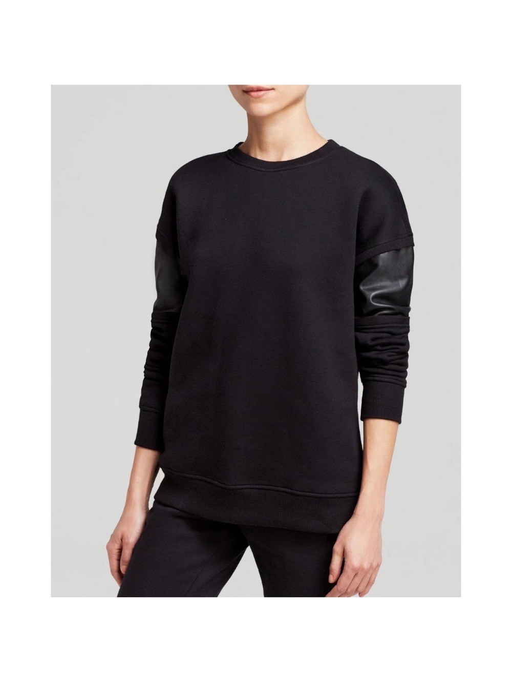 rag & bone Black Pullover Sweatshirt with Leather Sleeve Panels
